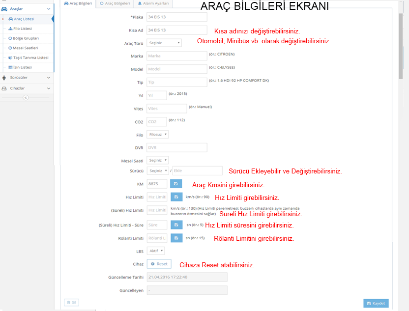 devtakip - Araç Güncelle Ekranı