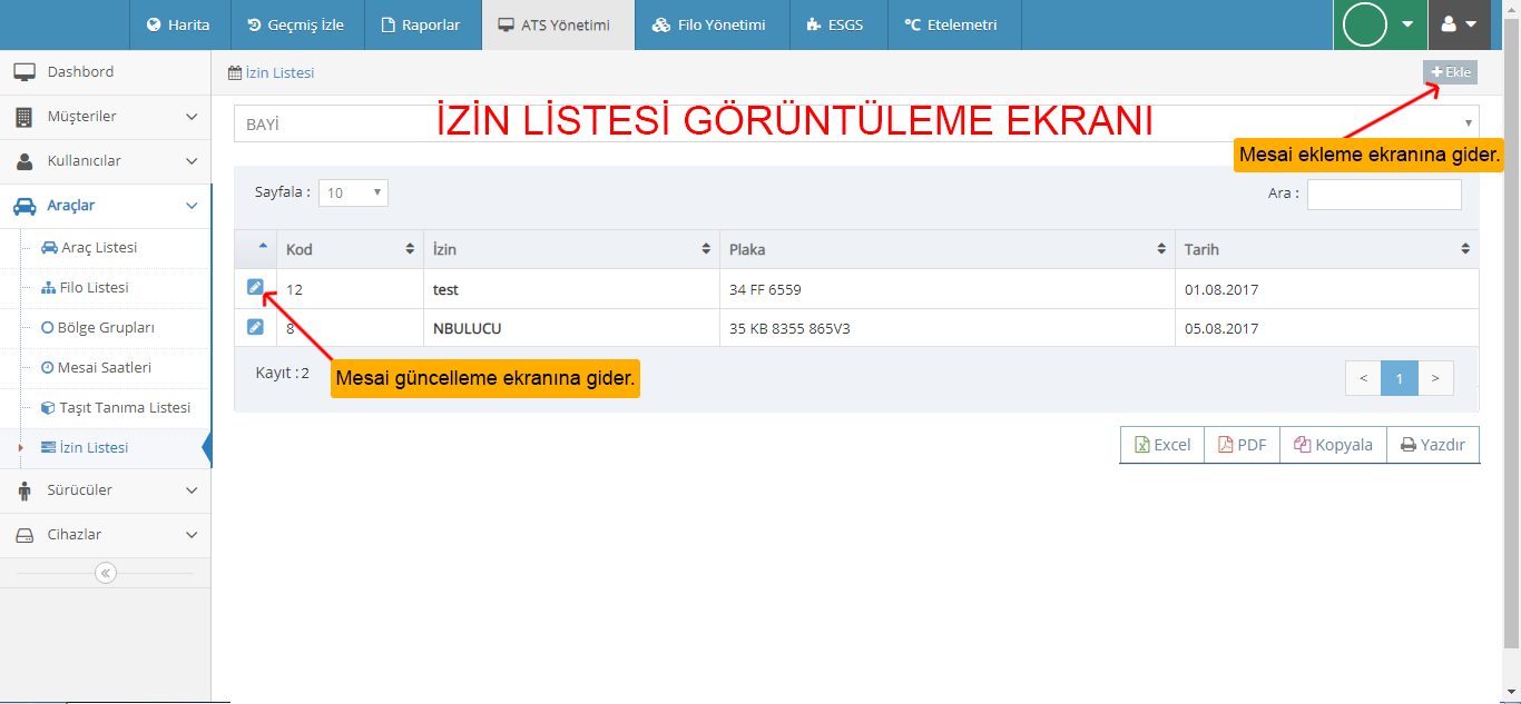 devtakip - İzin Listesi Ekranı