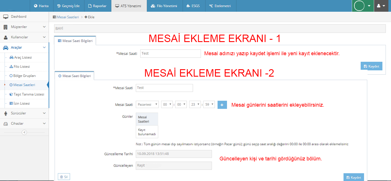 devtakip - Mesai Saatleri Ekleme Ekranı