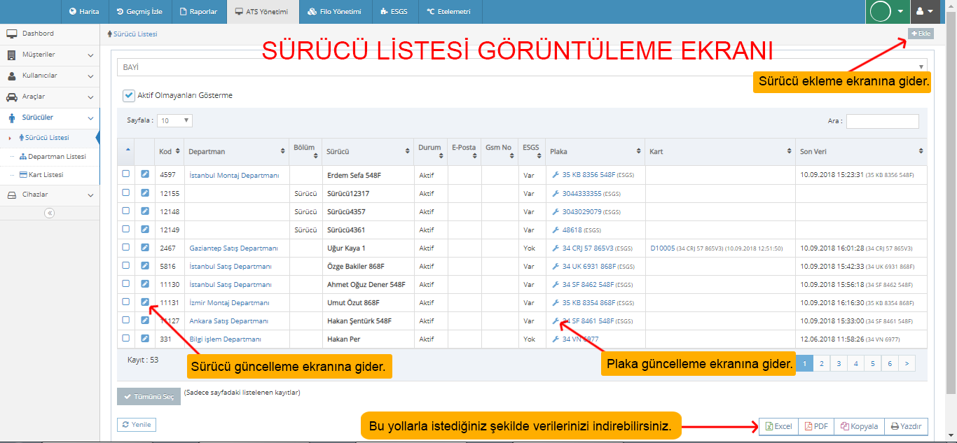 devtakip - Sürücü Listesi Ekranı