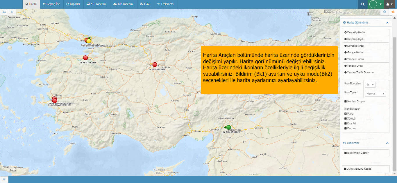 devtakip - harita araçları ekranı